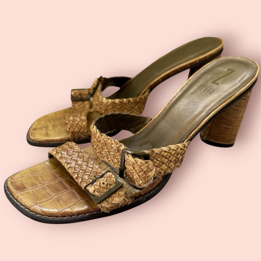 Y2K Zeta Woven Leather Mule Sandals Women Sz 10 Brown Croc Block Heels Buckle
